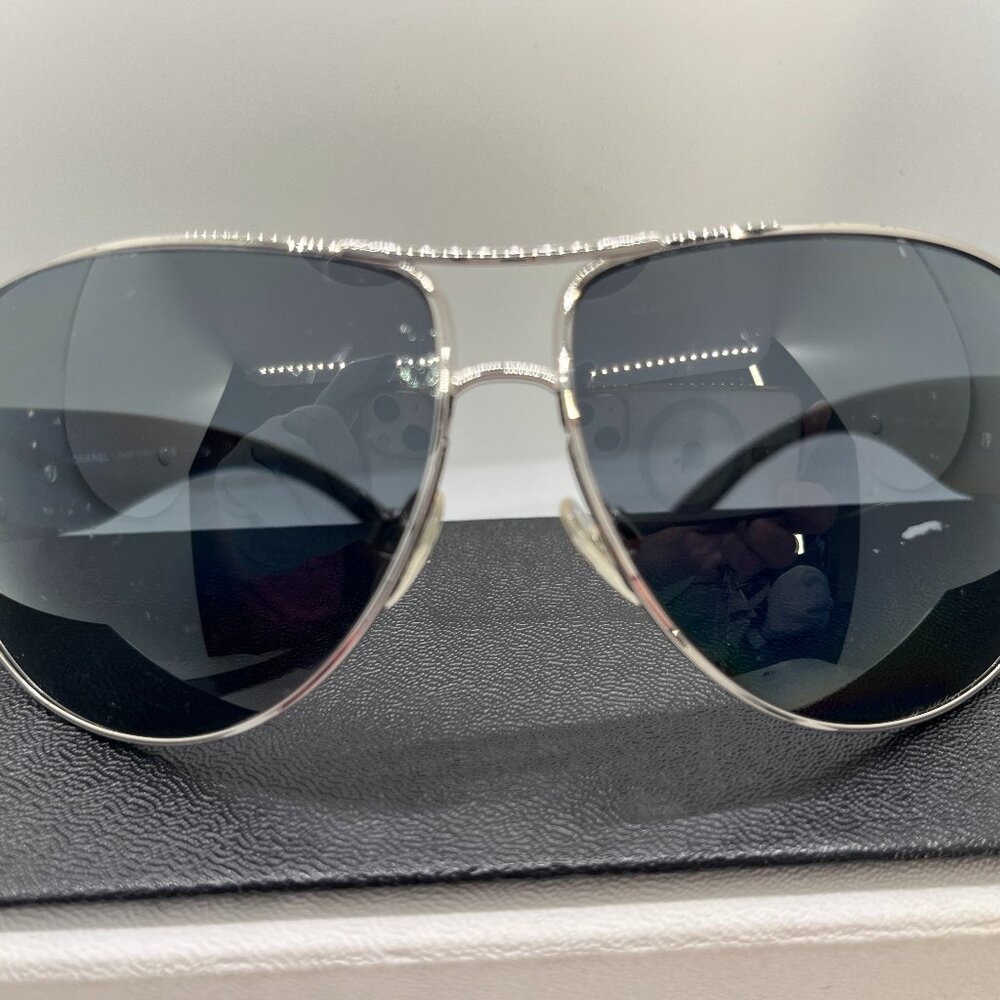 Chanel Aviator Sunglasses silver with grey lenses and serial number